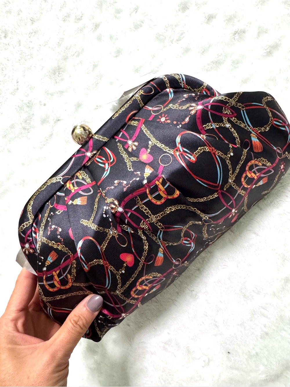 NWT- Alessia Bianchi equestrian chain print satin clutch purse - Picture 5 of 16